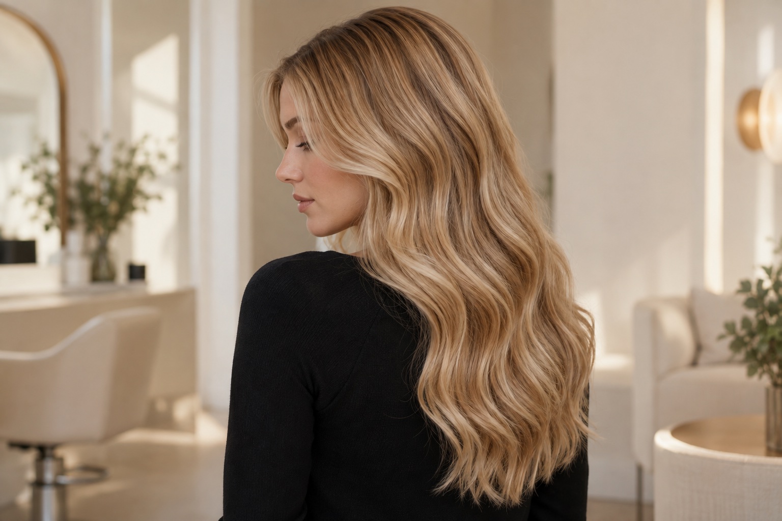 Editorialaufnahme einer Frau mit langen, weich gewellten blonden Haaren in einem hellen Salon